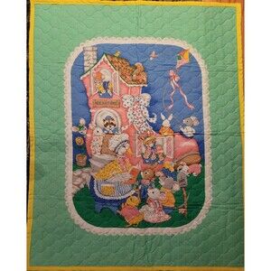 Handmade Quilted Nursery Baby Blanket  35”x43” Pastels Nursery Rhymes Vtg